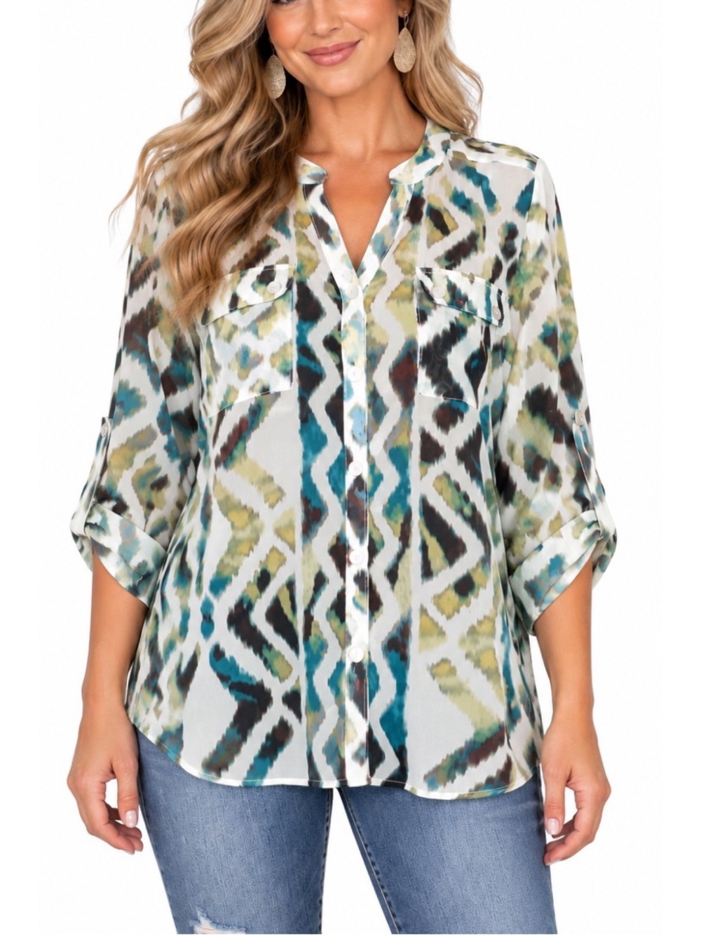 Maurices Size Small Green/Blue Abstract Print Button-Up Blouse